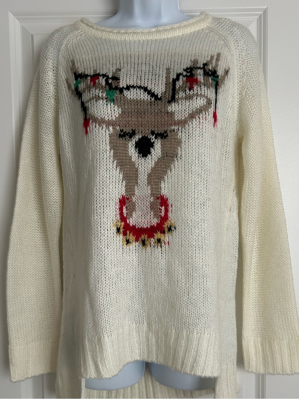 NWOT Democracy Women's Ivory Cream Reindeer Knit Holiday Sweater Sz Medium